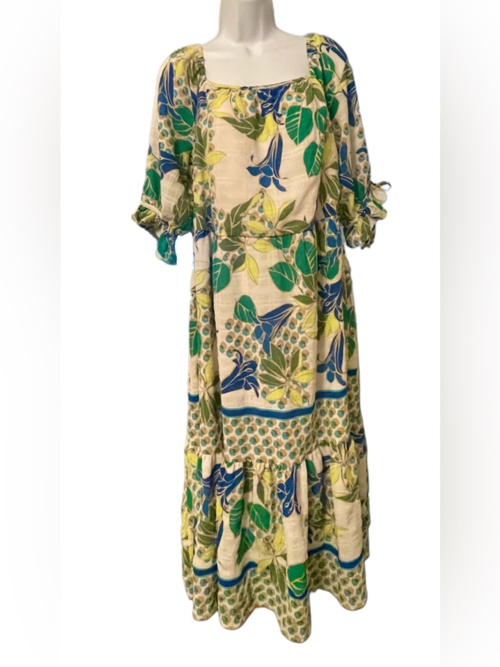 Floral Square-Neck Maxi Dress in Green & Blue